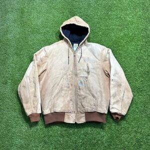 Vintage Carhartt Hooded Jacket / Coat Quilted Size Medium Distressed Beige Brown